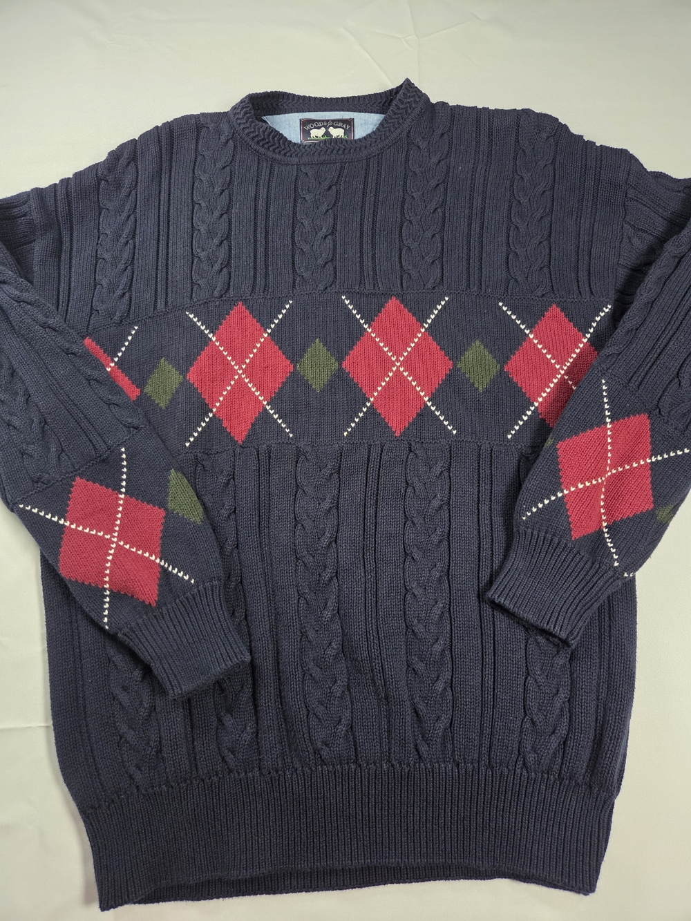 Navy Crewneck Cable Knit Sweater with Red & Green Argyle